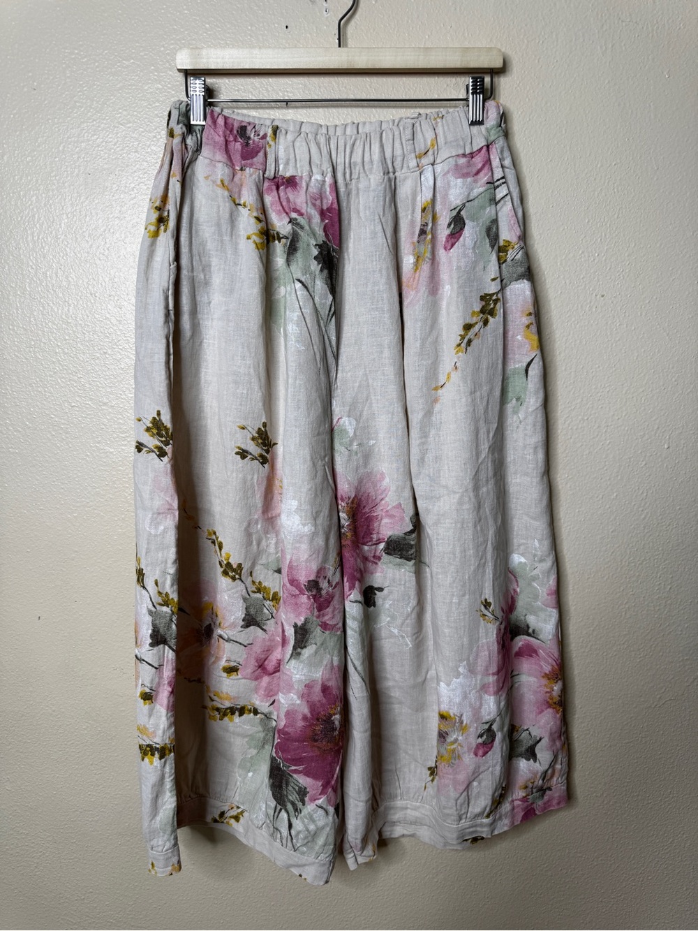 TL Made in Italy Women’s Linen Floral Wide Leg Crop Pants M/L Lagenlook Boho